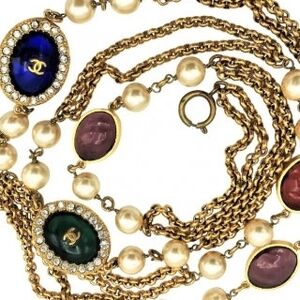 Chanel Gold and Pearl Necklace with Multicolor Accents